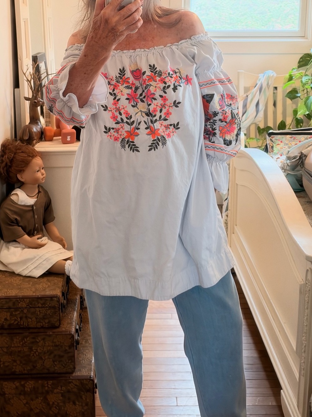 Free People Powder Blue Off-Shoulder Floral Embroidered Blouse